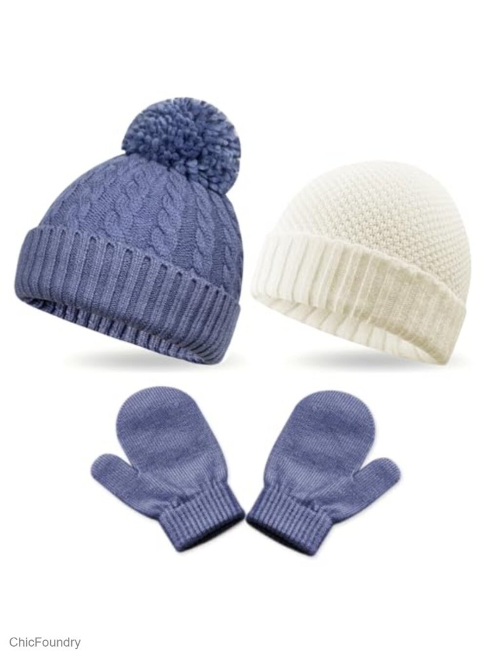 3 Pack Kids Winter Warm Beanie & Mittens Set, Soft Cable Knit Hat for Toddler